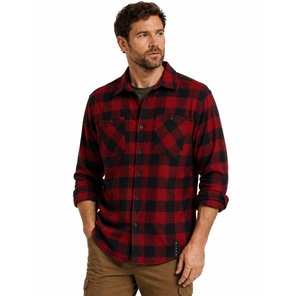 Sitka Gear Flannel Riser Work Shirt Mens Size XL Red Black Buffalo Check Plaid